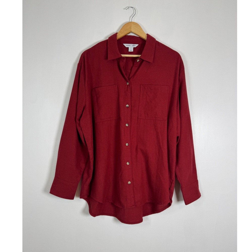Dark Academia Old Navy Womens L Boyfriend Shirt Burgundy Herringbone Button Down